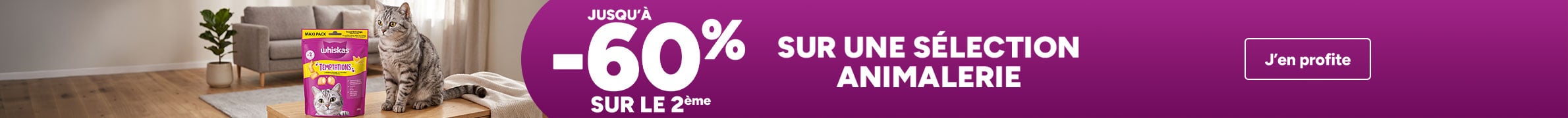 Jusqu'à -60% sur le 2ème sur une sélection animalerie Whiskas
