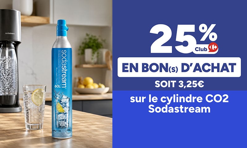 -25% en bon d'achat Club Carrefour sur le cylindre CO2 Sodastream