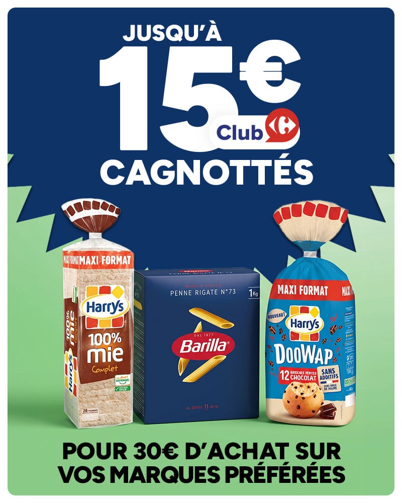 Jusqu'à 15€ cagnottés Club Carrefour pour 30€ d'achat.