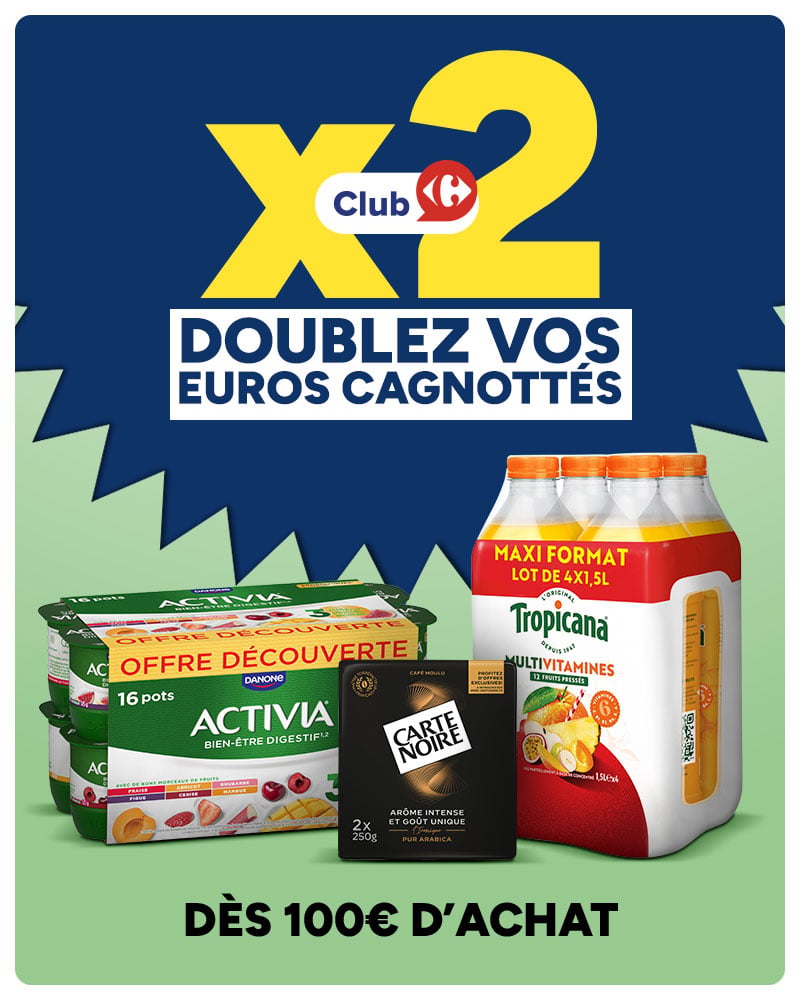 x2 Club Carrefour : doublez vos euros cagnottés dès 100€ d'achat.