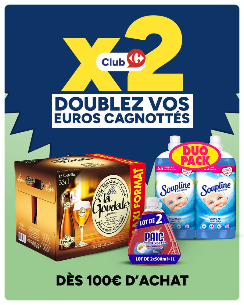 x2 Club Carrefour : Doublez vos euros cagnottés dès 100€ d'achat.