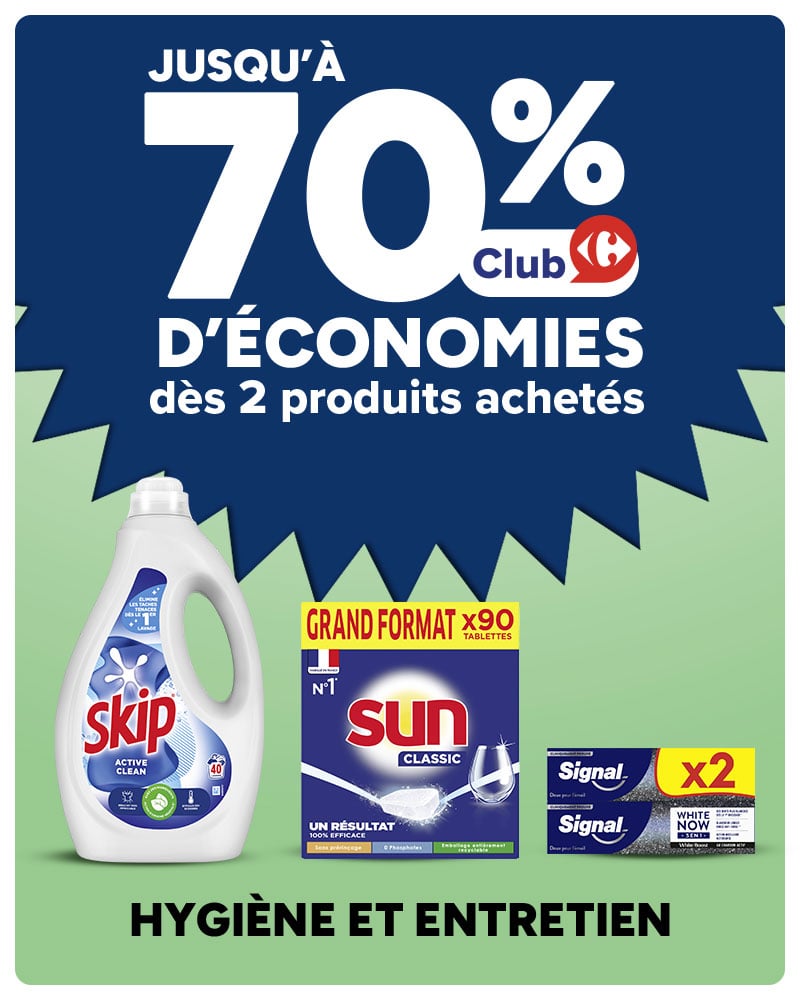 Jusqu'à 70% d'économies dès 2 produits achetés sur sélection hygiène entretie