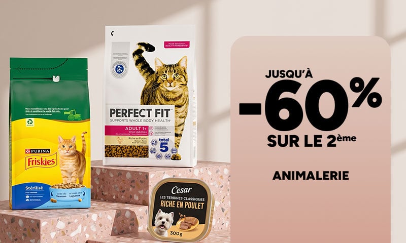 Jusqu'à -60% sur le 2ème sur l'animalerie Carrefour