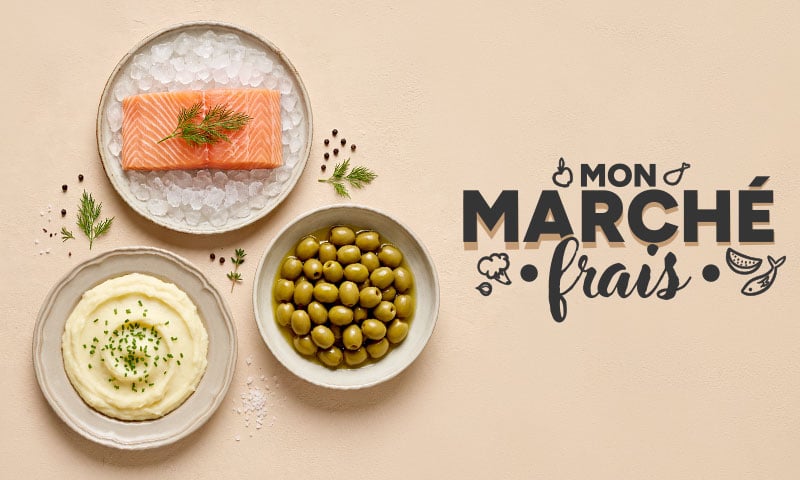 Mon Marché frais : saumon frais, purée de pommes de terre et olives vertes.
