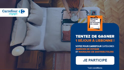 Carrefour Voyages. Meilleure chaîne de magasins de l'année 2026. Tentez de gagner 1 séjour à Lisbonne ! Votez pour Carrefour catégories Agences de voyage et Marques de distributeurs. Je participe. *voir conditions.