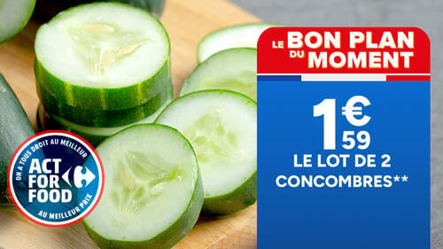 Le bon plan du moment : 1,59€ le lot de 2 concombres. Logo Act For Food au meilleur prix.