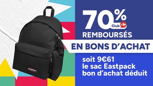 Offre Club Carrefour : 70% remboursés en bons d'achat, soit 9€61 le sac à dos noir Eastpak, valeur du bon d'achat déduite.