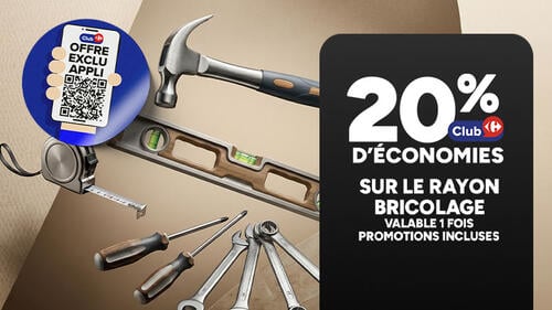 Offre exclusive appli Club Carrefour avec QR code. 20% d'économies sur le rayon bricolage, valable 1 fois, promotions incluses. Visuel d'outils de bricolage en fond.