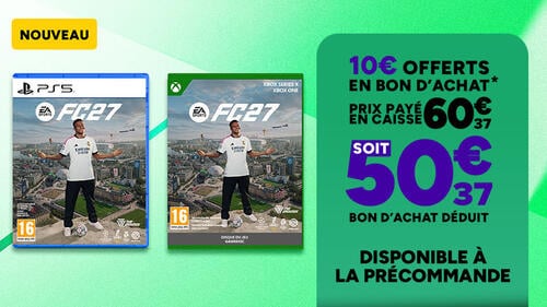 Nouveau EA Sports FC 27 PS5 et Xbox. 10€ offerts en bon d'achat pour la précommande. Prix payé en caisse 60,37€ soit 50,37€ bon d'achat déduit.