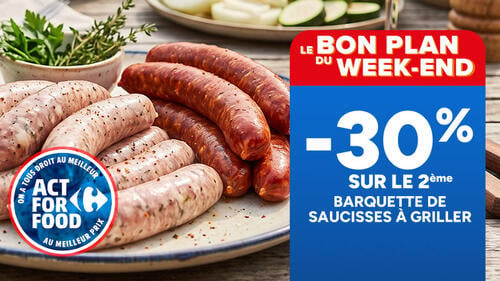 Le bon plan du week-end : -30% sur le 2ème barquette de saucisses à griller.