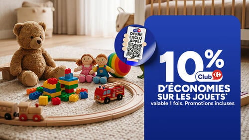 Offre exclusive sur l'application : 10% d'économies Club sur les jouets, valable 1 fois, promotions incluses. Visuel d'un tapis de jeux pour enfants.