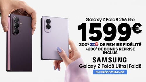 Galaxy Z Fold8 256 Go à 1599€, 200€ Club Carrefour de remise fidélité + 200€ de bonus reprise inclus. Samsung Galaxy Z Fold8 Ultra et Fold8 en précommande.