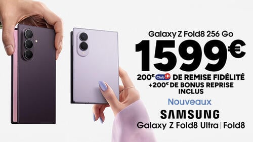 Samsung Galaxy Z Fold8 256 Go a 1599€ avec 200€ Club Carrefour de remise fidelite et 200€ de bonus reprise inclus. Nouveaux Z Fold8 Ultra et Fold8.
