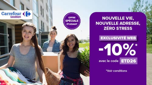 Carrefour Location. Offre spéciale étudiant : nouvelle vie, nouvelle adresse, zéro stress. Exclusivité Web -10% avec le code ETD26. Voir conditions.
