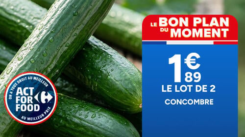 Le bon plan du moment : Concombre Origine France à 1,89€ le lot de 2. Logo Act For Food au meilleur prix.
