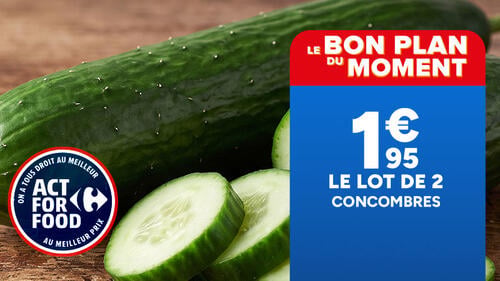 Le bon plan du moment : Le lot de 2 concombres à 1,95€. Visuel d'un concombre entier frais et rondelles sur fond de bois.