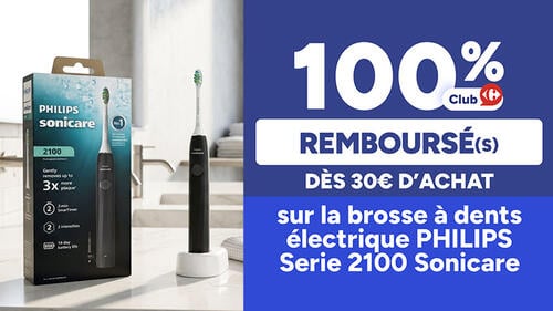 100% remboursé en avantage Club Carrefour dès 30€ d'achat sur la brosse à dents électrique Philips Serie 2100 Sonicare. Boîte et brosse noire sur socle.