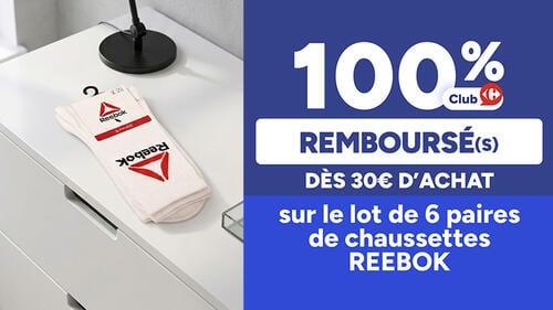 100% remboursé(s) Club Carrefour dès 30€ d'achat sur le lot de 6 paires de chaussettes Reebok. Lot de chaussettes blanches Reebok posé sur un meuble.