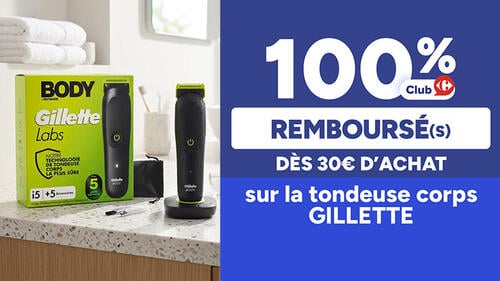 100% Club Carrefour remboursé(s) dès 30€ d'achat sur la tondeuse corps Gillette. Visuel du coffret Gillette Labs Body avec la tondeuse et ses accessoires.