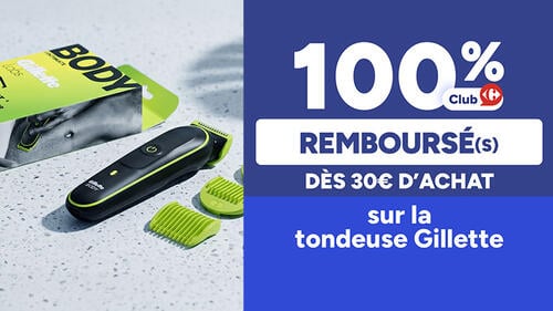 100% remboursé(s) Club Carrefour dès 30€ d'achat sur la tondeuse Gillette. Tondeuse noire et verte Gillette Body avec sabots en visuel.
