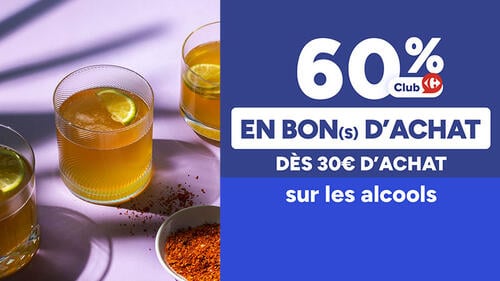 60% Club Carrefour en bon(s) d'achat tous les 30€ d'achat sur les alcools. Visuel de verres de cocktail garnis d'une rondelle de citron vert.