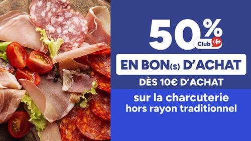 50% Club Carrefour en bon(s) d'achat dès 10€ d'achat sur la charcuterie hors rayon traditionnel. Assortiment de jambon sec, chorizo et saucisson.