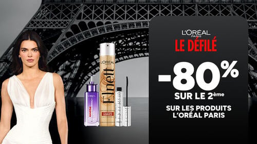 L'Oréal Paris Le Défilé : -80% sur le 2ème sur les produits L'Oréal Paris. Kendall Jenner, laque Elnett, sérum Revitalift et mascara devant la Tour Eiffel.