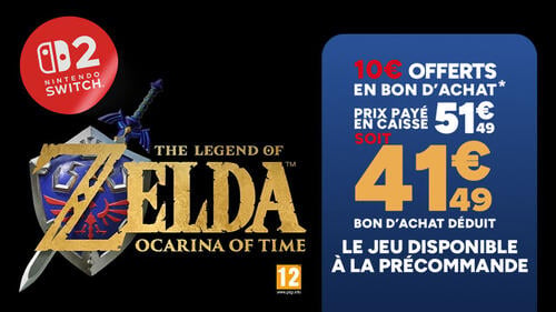 Précommande The Legend of Zelda Ocarina of Time sur Nintendo Switch 2. 10€ offerts en bon d'achat, prix payé en caisse 51,49€ soit 41,49€ bon d'achat déduit. Link en forêt.