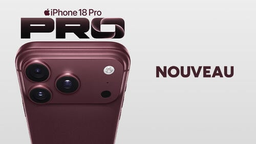 Nouveau iPhone 18 Pro : Plus que Pro. Smartphone Apple bordeaux de profil présenté devant les lettres métalliques PRO. 