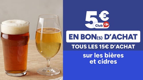 5 € Club Carrefour tous les 15 € sur les bières et cidres en bon(s) d'achat. Illustration avec deux verres de bière.