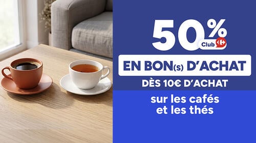 50% Club en bon d’achat dès 10€ d’achat sur les cafés et les thés.