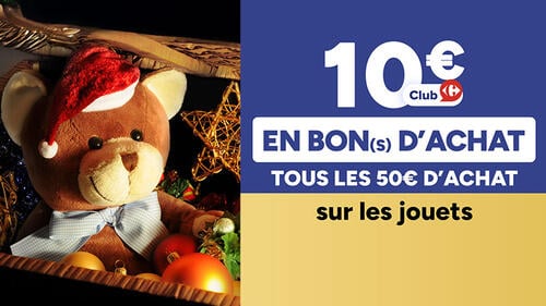 10€ en bon d'achat Club Carrefour tous les 50€ d'achat sur les jouets. Visuel d'un ours en peluche avec un bonnet de Noël et des boules décoratives.