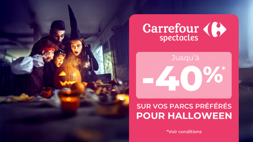 Famille déguisée découvrant une citrouille lumineuse. Carrefour Spectacles : jusqu'à -40% sur vos parcs préférés pour Halloween. Voir conditions.