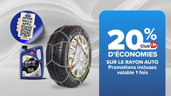  Offre Exclu Appli : 20% d'économies Club sur le rayon auto. Promotions incluses, valable 1 fois.