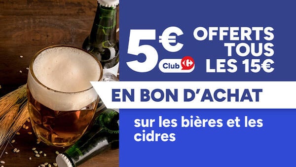 Offre Club : 5€ offerts tous les 15€ en bon d'achat sur les bières et les cidres.