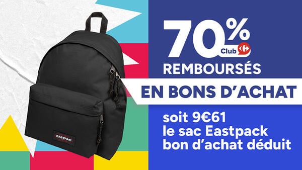 Offre Club Carrefour : 70% remboursés en bons d'achat, soit 9€61 le sac à dos noir Eastpak, valeur du bon d'achat déduite.