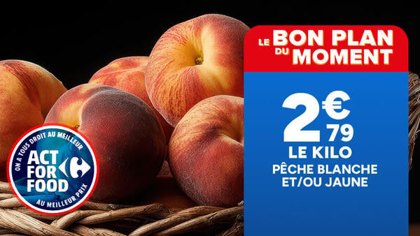 Act For Food : Le bon plan du moment, pêche blanche et/ou jaune à 2,79 € le kilo.