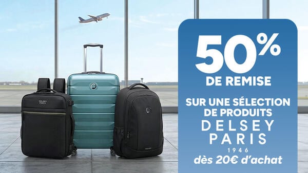 50% de remise sur une sélection de produits Delsey Paris dès 20€ d'achat. Bagages, valise et sacs à dos exposés.