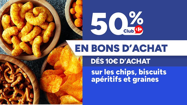 50% Club en bons d'achat dès 10€ sur chips, biscuits apéritifs et graines
