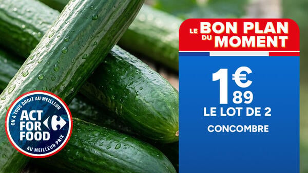Le bon plan du moment : Concombre Origine France à 1,89€ le lot de 2. Logo Act For Food au meilleur prix.