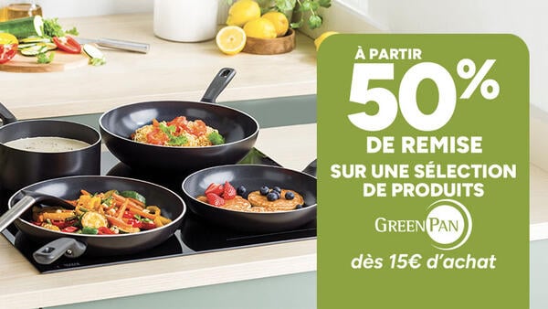 À partir de 50% de remise sur une sélection de poêles, casseroles et woks GreenPan dès 15€ d'achat, présentés avec poêlée de légumes et pancakes