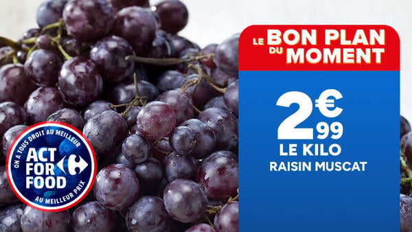 Le bon plan du moment : Raisin Muscat noir à 2,99€ le kilo. Logo Act For Food On a tous droit au meilleur au meilleur prix.