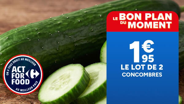Le bon plan du moment : Le lot de 2 concombres à 1,95€. Visuel d'un concombre entier frais et rondelles sur fond de bois.