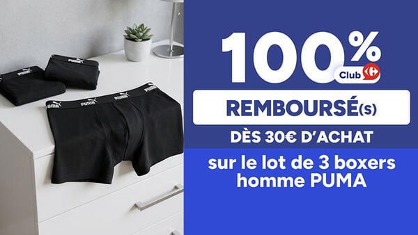 100% remboursé en avantage Club Carrefour dès 30€ d'achat sur le lot de 3 boxers homme Puma. Visuel de trois boxers noirs posés sur une commode.
