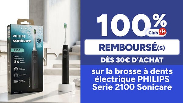 100% remboursé en avantage Club Carrefour dès 30€ d'achat sur la brosse à dents électrique Philips Serie 2100 Sonicare. Boîte et brosse noire sur socle.