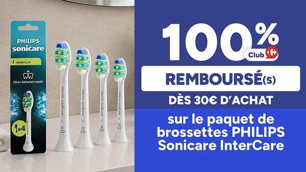 100% remboursé en avantage Club Carrefour dès 30€ d'achat sur le paquet de brossettes Philips Sonicare InterCare. Pack et alignement de 4 brossettes blanches.