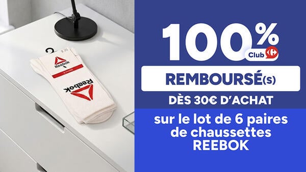 100% remboursé(s) Club Carrefour dès 30€ d'achat sur le lot de 6 paires de chaussettes Reebok. Lot de chaussettes blanches Reebok posé sur un meuble.