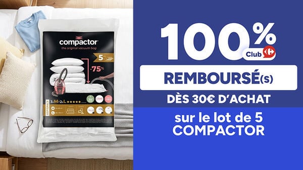 100% Club Carrefour remboursé(s) dès 30€ d'achat sur le lot de 5 Compactor. Housse de rangement sous vide Compactor Aspispace (3xM + 2xL).