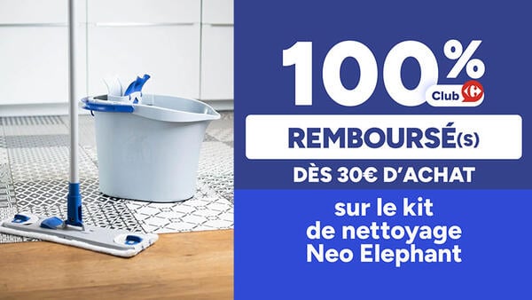 Seau et balai à plat Neo Elephant. 100% Club Carrefour remboursé(s) en bon d'achat dès 30€ d'achat sur le kit de nettoyage Neo Elephant