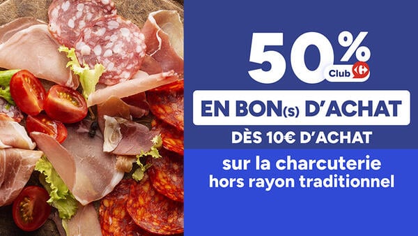 50% Club Carrefour en bon(s) d'achat dès 10€ d'achat sur la charcuterie hors rayon traditionnel. Assortiment de jambon sec, chorizo et saucisson.